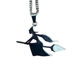 SILVER TONED Shiny Witch on Broom Pendant Necklace NEW 17 inch chain w extender